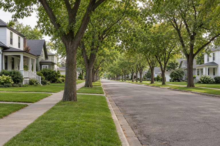 A quiet residential street in an older neighborhood, shaded by mature elm trees