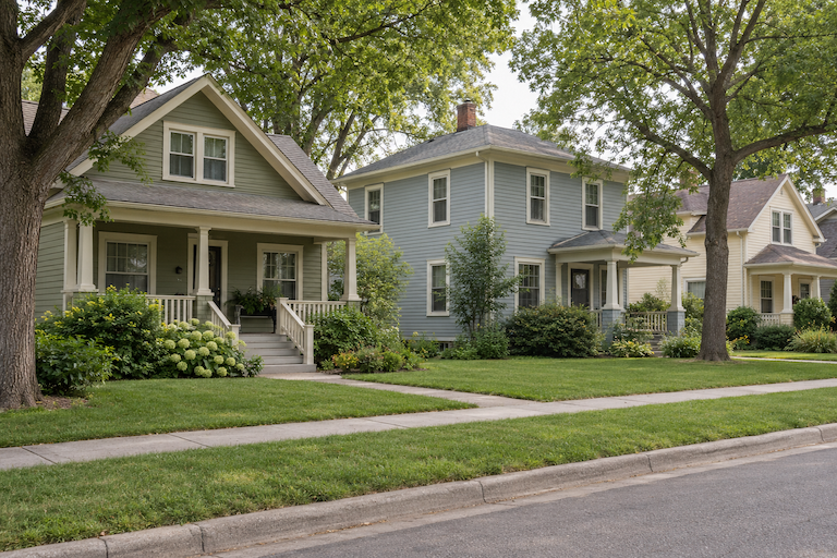 Two older single-family homes side by side on a shaded street in summer
