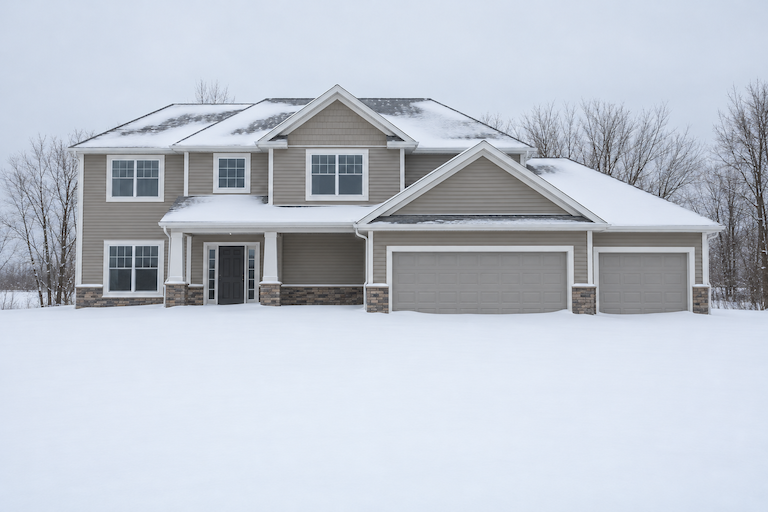 A snow-covered home in the Fargo-Moorhead area with the front yard and foundation line hidden under snow
