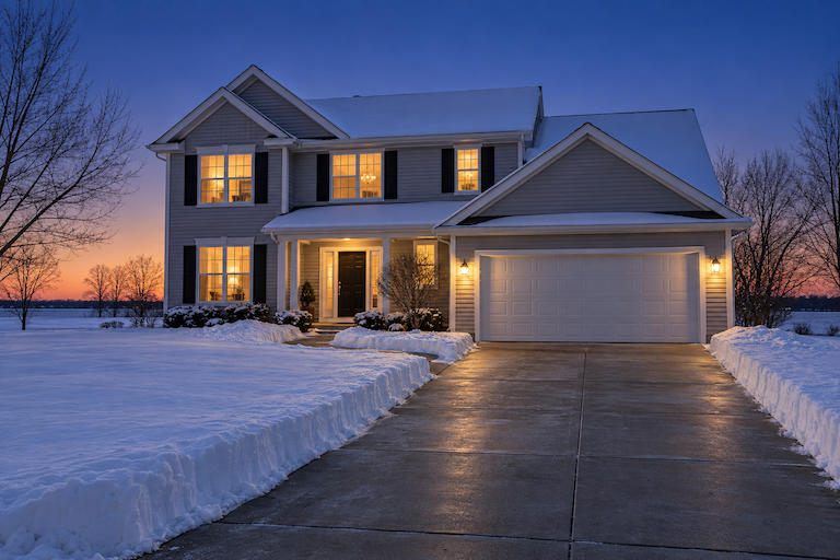 A Fargo-Moorhead home listed in winter with the sidewalk and driveway cleared and the lights on at dusk